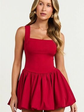 Red Square-Neck Mini Dress with Gathered Skirt